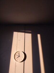 white wall and white clock, shown with the shadows of a window